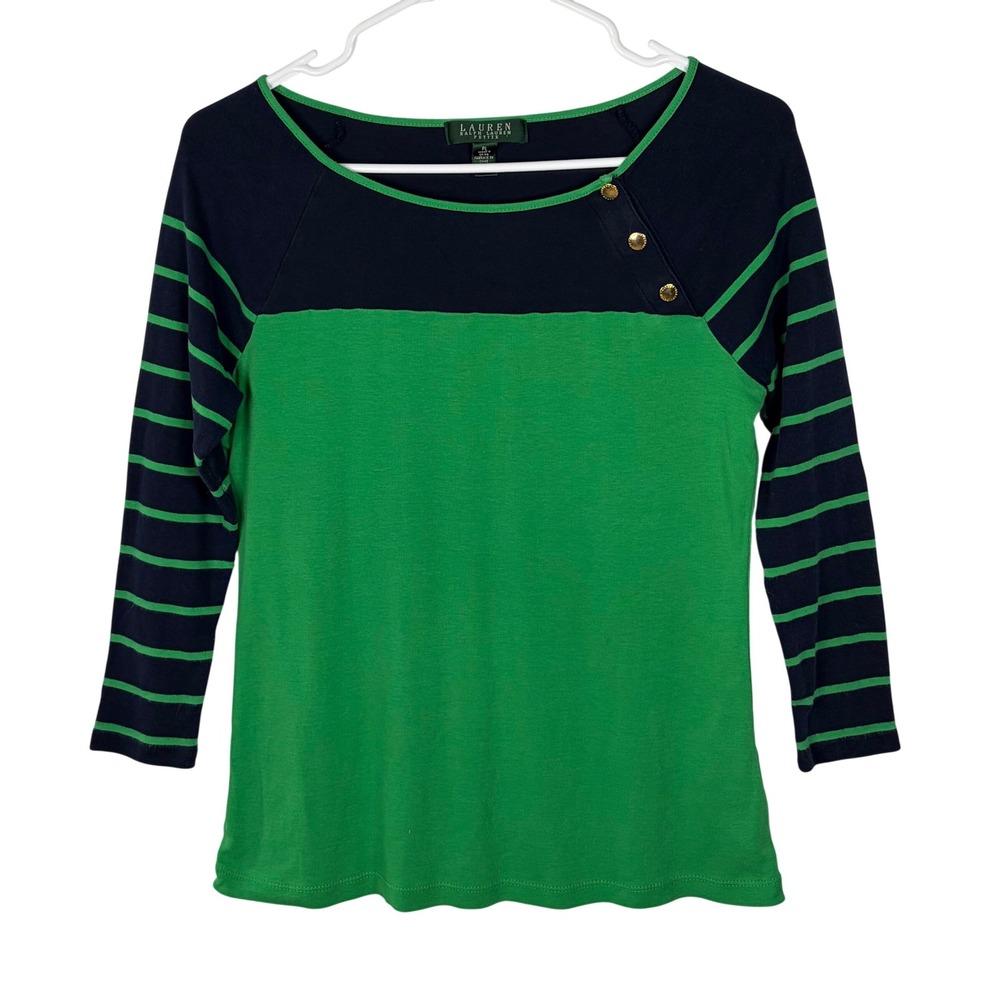 Lauren‎ Ralph Lauren Petite Green Navy Striped Button Shoulder Top PL Cotton